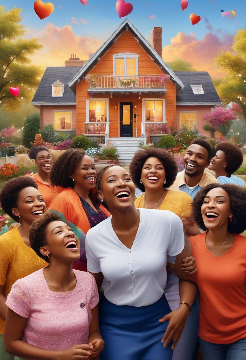 A warm and inviting scene depicting a diverse group of Black individuals celebrating together with smiles and laughter, surrounded by symbols of love and empowerment like hearts, homes, and community gatherings. The backdrop showcases vibrant colors symbolizing unity and support, with elements representing insurance in a positive light. The image conveys a sense of joy, harmony, and empowerment in the Black community. super-realistic. vibrant colors. uplifting atmosphere.