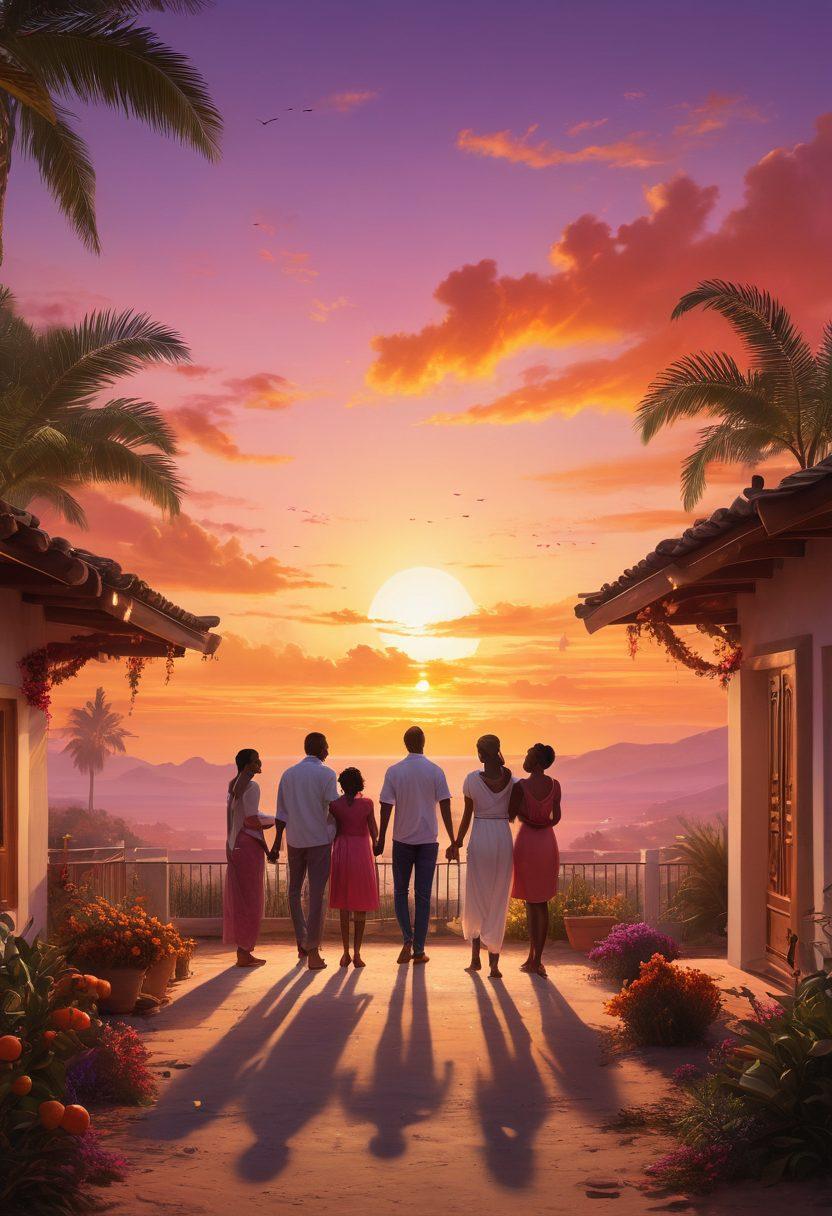A heartfelt scene depicting diverse families in a community gathering, showcasing joy and security through interactions. Display elements of protection, such as a shield symbol subtly integrated into the background, with a vibrant sunset casting warm colors. Incorporate various cultures to emphasize inclusivity. super-realistic. vibrant colors. white background.