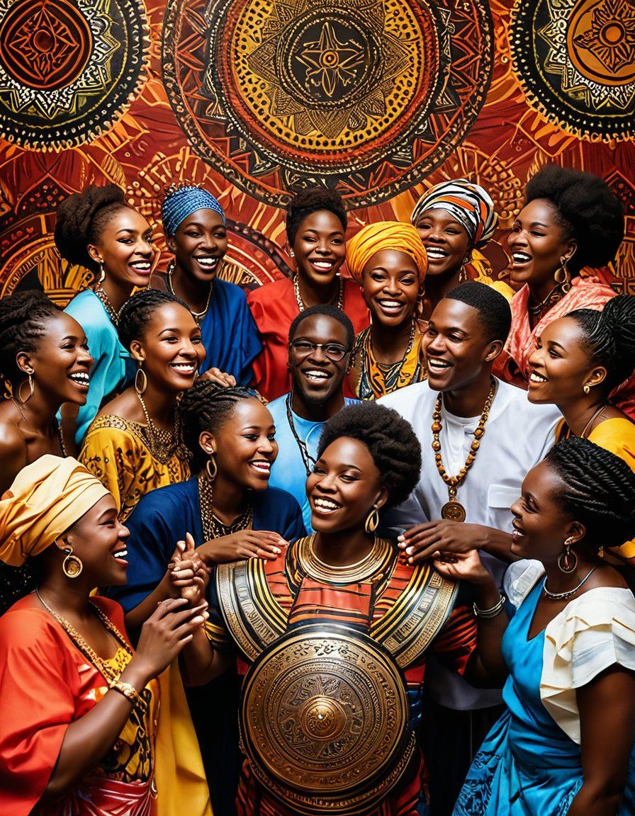 A vibrant celebration of Black culture featuring a diverse group of people coming together, sharing heartfelt moments of joy and unity. In the background, symbols of financial security such as a shield and coins subtly incorporated into traditional African patterns. Bright colors and warm lighting create an inviting atmosphere, showcasing strength and community. super-realistic. vibrant colors. textured background.